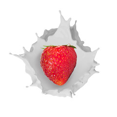 Fototapete - Strawberries falling into milk splash isolated on white background