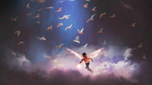 Boy With Angel Wings Holding A Glowing Ball Running Through Group Of Birds, Digital Art Style, Illustration Painting