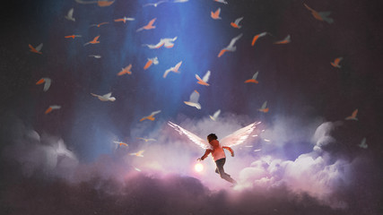 boy with angel wings holding a glowing ball running through group of birds, digital art style, illustration painting