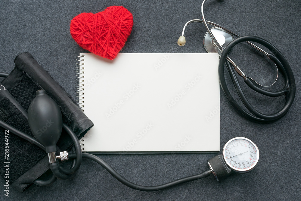 Medical mockup flat lay. White notebook, Red thread heart with ...