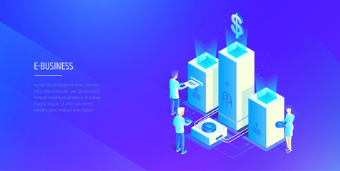 Poster - Digital financial system. People interact with the financial system. Profit analysis. Financial statistics. Modern vector illustration isometric style.
