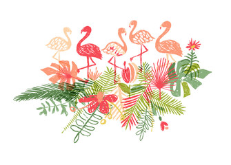 Wall Mural - Lets flamingle, hand drawn flamingo and tropical flower leaf, jungle composition, vector illustration isolated on white background. Exotic plant and bird, doodle style