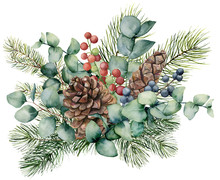 Watercolor Bouquet With Eucalyptus Leaves, Cone, Fir Branch And Berries. Hand Painted Green Brunch, Red And Blue Berries Isolated On White Background. Illustration For Design, Print Or Background.