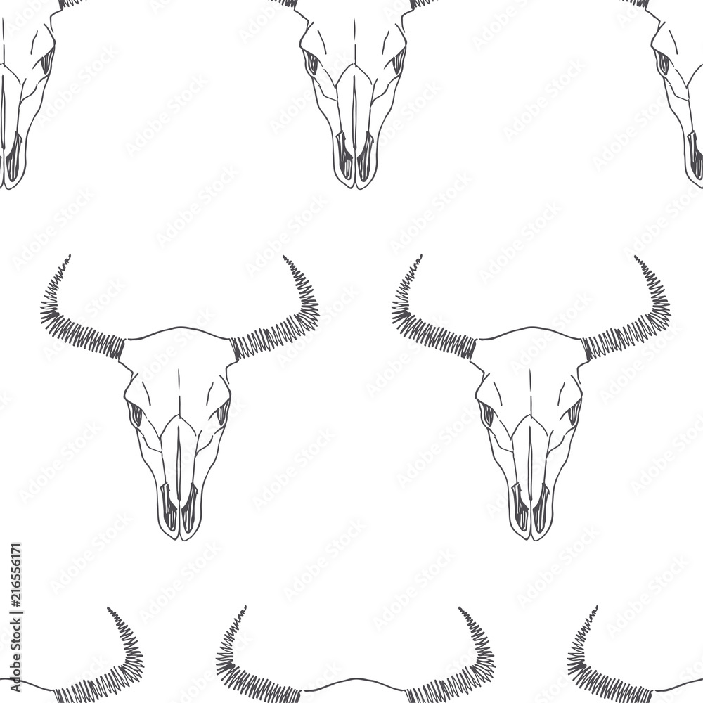 Vector seamless pattern with bull skull sketches. Hand drawn texture ...