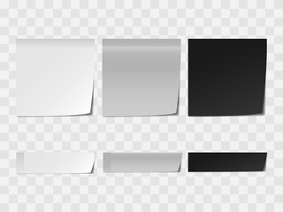 Wall Mural - Vector realistic white and black memo sticker mock up isolated on transparent background. 3d square paper sheet mockup illustration for your design. Sticky note paper reminder templates.