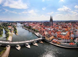 Aerial photography of Regensburg city, Germany. Danube river, architecture, Regensburg Cathedral and Stone Bridge