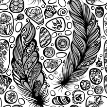 Monochrome Seamless Pattern With Sea Pebbles And Feathers