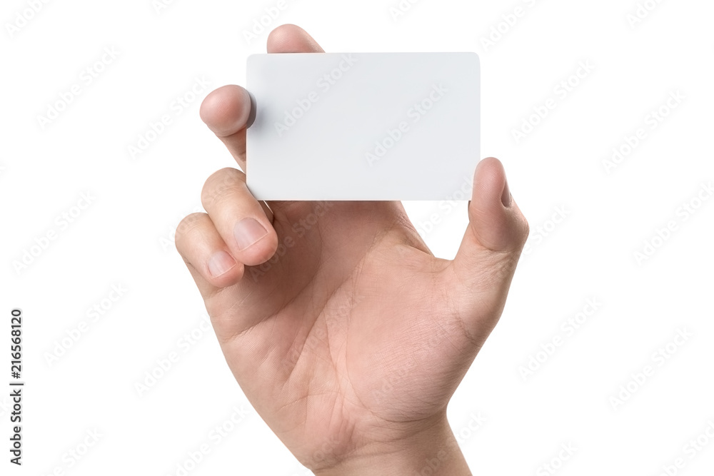Male hand holding a blank card or a ticket/flyer, isolated on white background - obrazy, fototapety, plakaty 