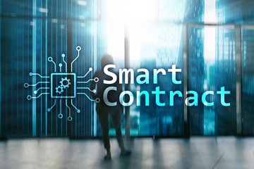 smart contract, blockchain technology in business, finance hi-tech concept. skyscrapers background.