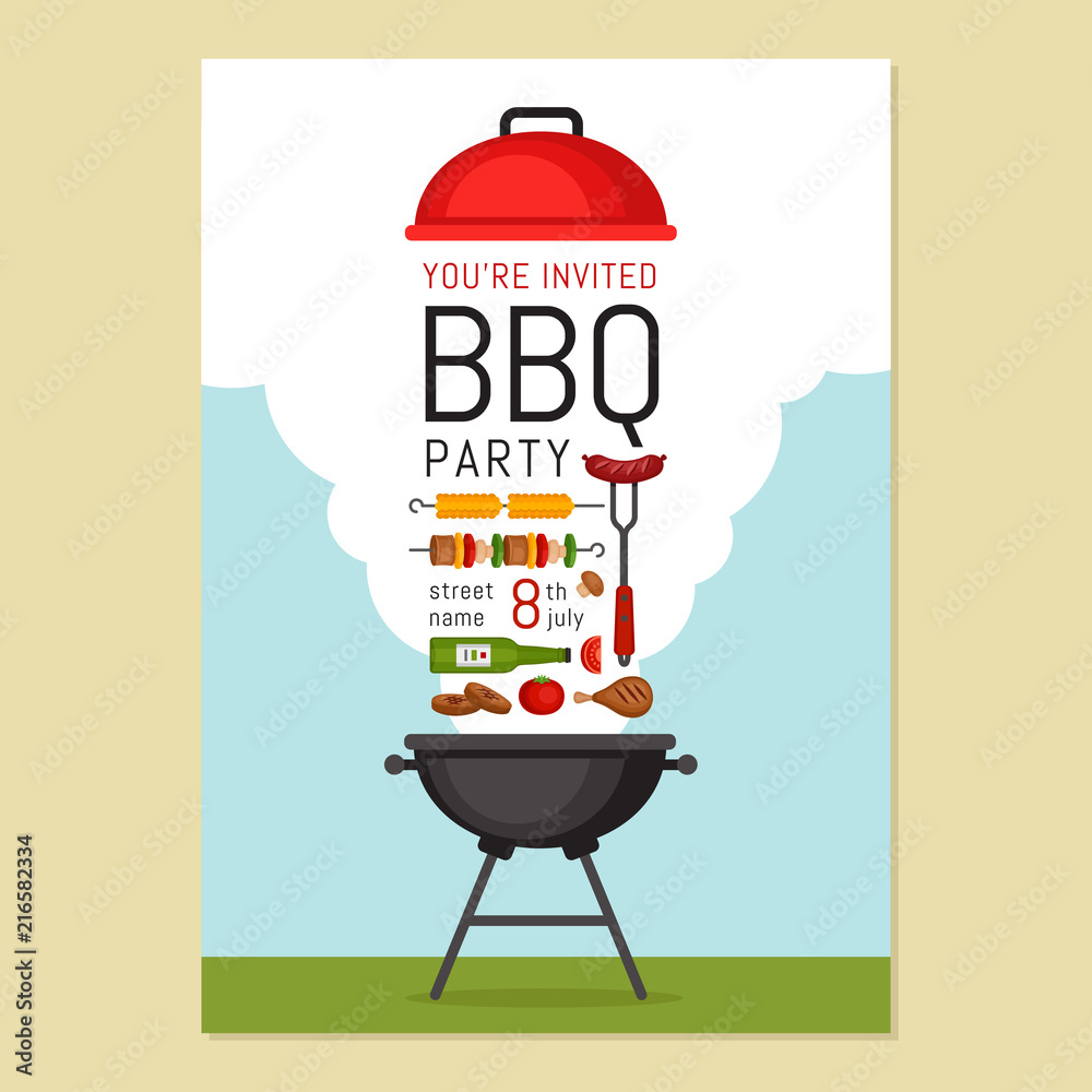 Bbq party invitation with grill and food. Barbecue poster. Food flyer ...