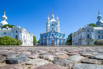 Wall Mural - Saint Petersburg. Smolny Cathedral. Architecture of Petersburg. Morning in St. Petersburg. Cities of Russia. Museums in St. Petersburg. Panorama of the Smolny Cathedral.