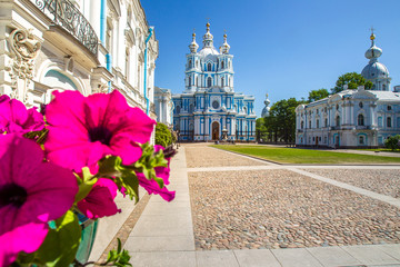 Wall Mural - Saint Petersburg. Smolny Cathedral. Architecture of Petersburg. Morning in St. Petersburg. Cities of Russia. Museums in St. Petersburg. Panorama of the Smolny Cathedral.