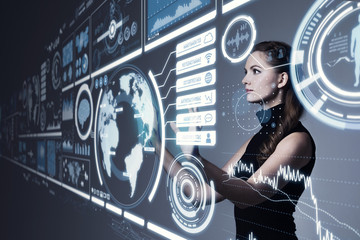 Poster - Young woman looking virtual screen.