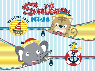 Wall Mural - animals sailor cartoon with zipper on striped background