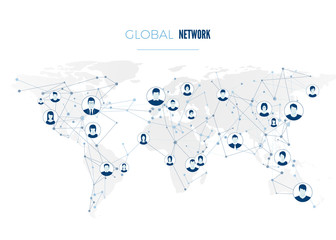 Poster - Global social network connection. User avatars connected to the worldwide network. Internet concept on world map background. Vector illustration