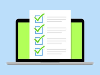 Fototapete - Laptop and checkboxes with check mark. Checklist, white tick on laptop screen. Choice, survey concepts. Modern flat design graphic elements for web banners, websites, infographics. Vector illustration