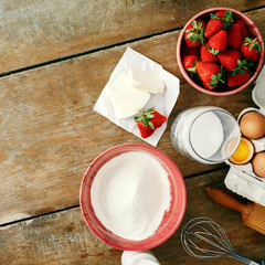 Poster - rustic style raw ingredients cooking strawberry pie cake Recipe strawberry