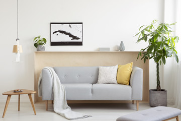 Wall Mural - Grey lounge with cushions and blanket standing in real photo of white living room interior with fresh plants, map poster and wooden end table