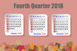 Calendar for the fourth quarter of 2018 year on the red ocher color background with colorful autumn leaves on the bottom edge of the vector