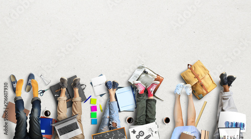 Fotografía Group of students for a team task with backpacks and books