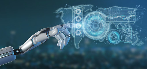 Poster - cyborg hand holding a technology interface 3d rendering