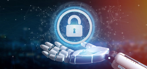 Poster - Cyborg hand holding a Technology security icon on a circle 3d rendering