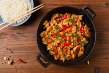 Chicken Kung Pao. Fried Chicken Pieces With Peanuts And Peppers.