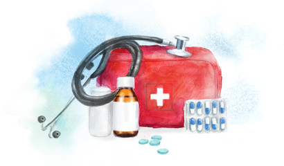 watercolor illustration of medical objects: first-aid kit, pills, stethoscope, drugs for the treatment of diseases