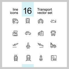 Sticker - Transport icons. Set of line icons. Train, airplane, taxi. Vehicle icon set. Vector illustration can be used for topics like transportation, public services, travel