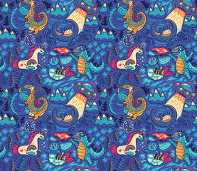 Wall Mural - Fantastic creatures, animals pattern. Vector cute background
