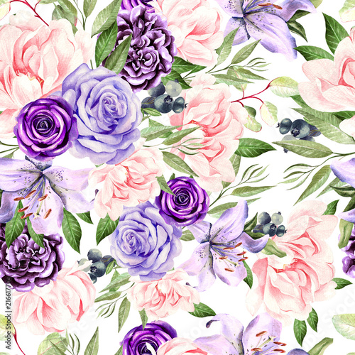 Watercolor pattern with peony, rose flowers and  lily.