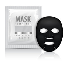 Wall Mural - Black Facial sheet mask with sachet. Vector mock up template. Beauty product package