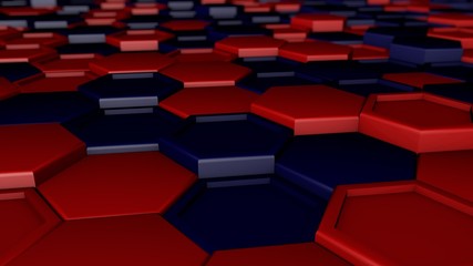 Poster - 3D illustration set of hexagons, honeycombs form a background, honeycombs of different colors with depth of field. Abstraction, 3D rendering. The idea of order and set.