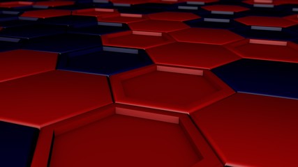 Poster - 3D illustration set of hexagons, honeycombs form a background, honeycombs of different colors with depth of field. Abstraction, 3D rendering. The idea of order and set.