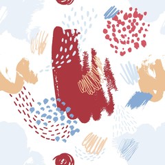 Poster - Artistic seamless pattern with colorful paint blotches, stains, marks, scribble on white background. trendy vector illustration in modern art style for wrapping paper, wallpaper, textile print.