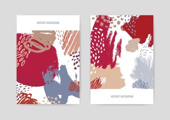 Poster - Bundle of vertical backdrops or card templates decorated with colorful abstract rough hand painted texture - scribble, smears, smudges. Modern decorative vector illustration in grunge style.