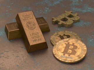 3D illustration of two gold bars and coins with bitcoin cryptocurrency symbol, the bars are rusty, lost value, with corrosion spots. The idea of the fall of the cryptocurrency, the collapse of bitcoin