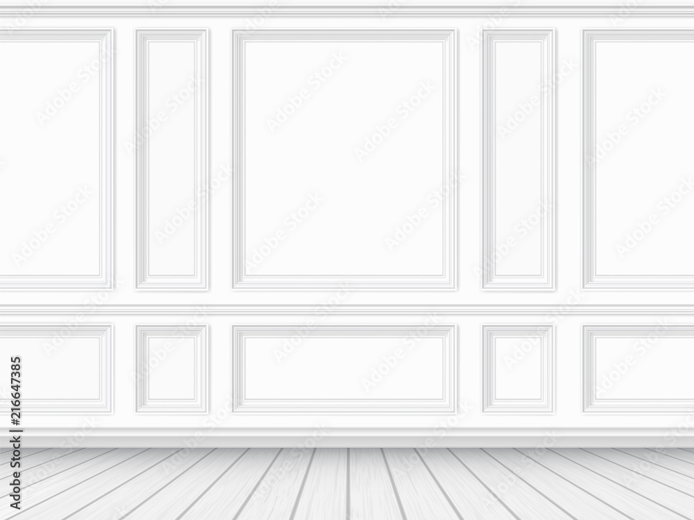 Classic interior of the living room. Parquet floor and white wall decorated with moulding panels. Vector detaled realistic illustration. - obrazy, fototapety, plakaty 