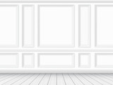 Fototapeta  - Classic interior of the living room. Parquet floor and white wall decorated with moulding panels. Vector detaled realistic illustration.
