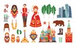 Collection of Russian national costumes, attributes, buildings isolated on white background - matryoshka, balalayka, birch tree, Kremlin, bear, valenki footwear, faceted glass. Cartoon vector