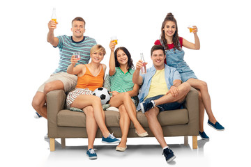 Poster - entertainment, leisure and people concept - group of happy smiling friends or football fans with soccer ball sitting on sofa with non alcoholic drinks over white background