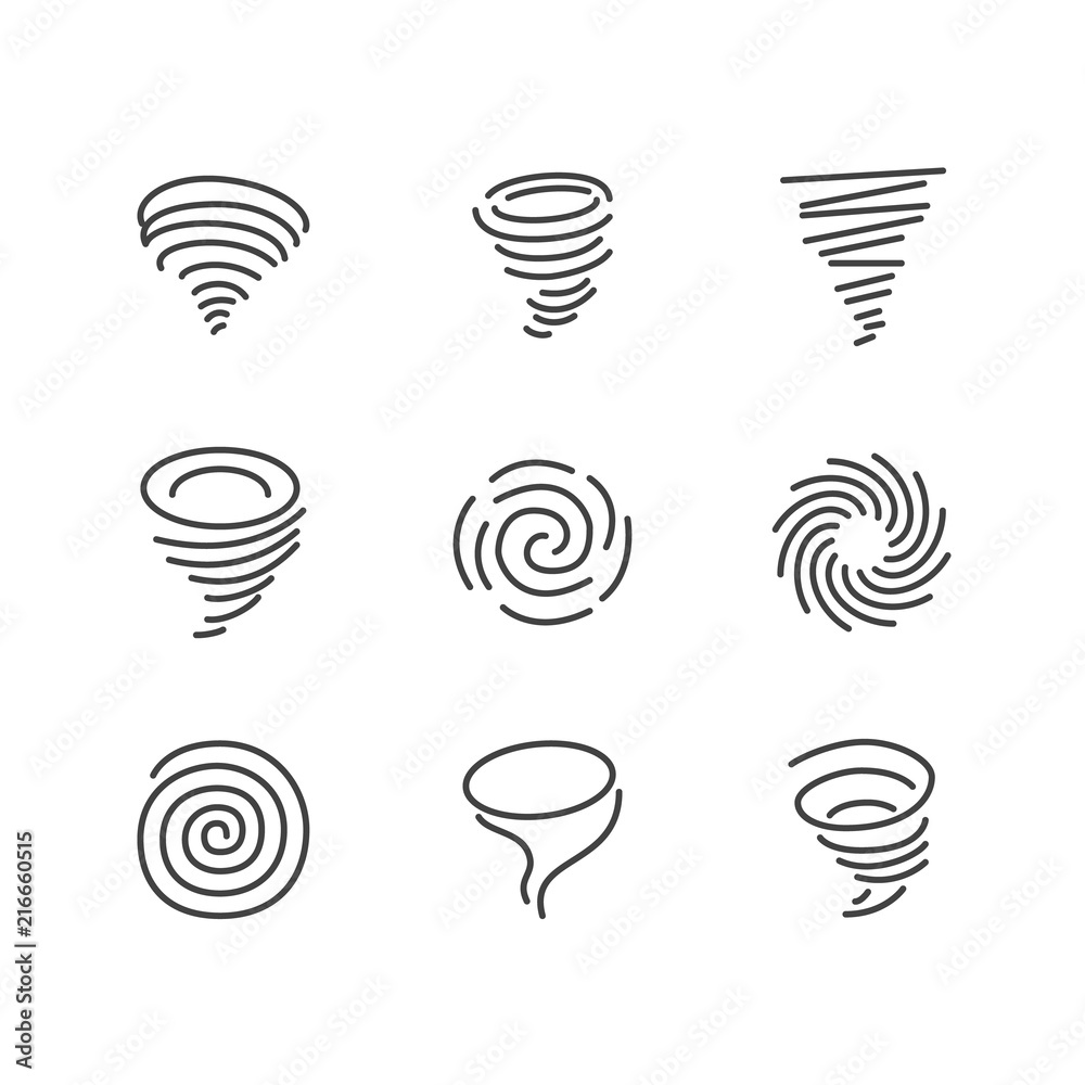 Tornado flat line icons. Hurricane, storm vector illustrations. Thin ...