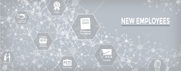 Wall Mural - New Employee Hiring Process icon set  w handbook, checklist, etc