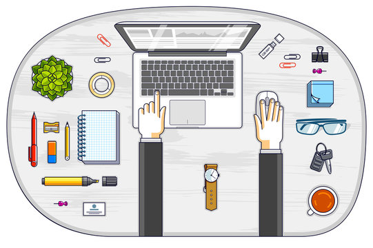 Office employee or entrepreneur work desk workplace with hands and PC notebook and diverse stationery objects for work, top view. All elements are easy to use separately. Vector illustration.