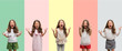 Collage of brunette hispanic girl wearing different outfits crazy and mad shouting and yelling with aggressive expression and arms raised. Frustration concept.