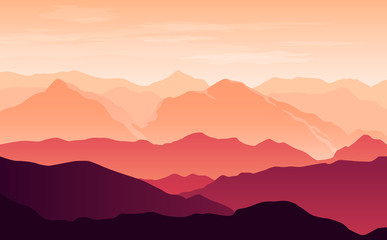 Wall Mural - vector bright silhouettes of orange and purple mountains in the evening with clouds in the sky