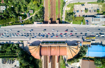 Sticker - Top-down view of a road bridge crossing a railway. Karavaevi Dachi, Kiev, Ukraine