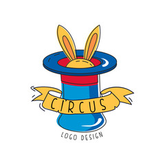 Sticker - Circus logo original design, emblem rabbit appearing from magician top hat for amusement park, festival, party, creative template of flyear, posters, cover, banner, invitation vector Illustration