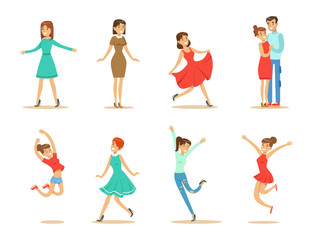 Poster - Dancing people set, young women and couple dancing vector Illustrations on a white background