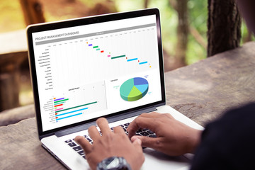 Man working with excel project dashboard on laptop / computer at the park / outdoor